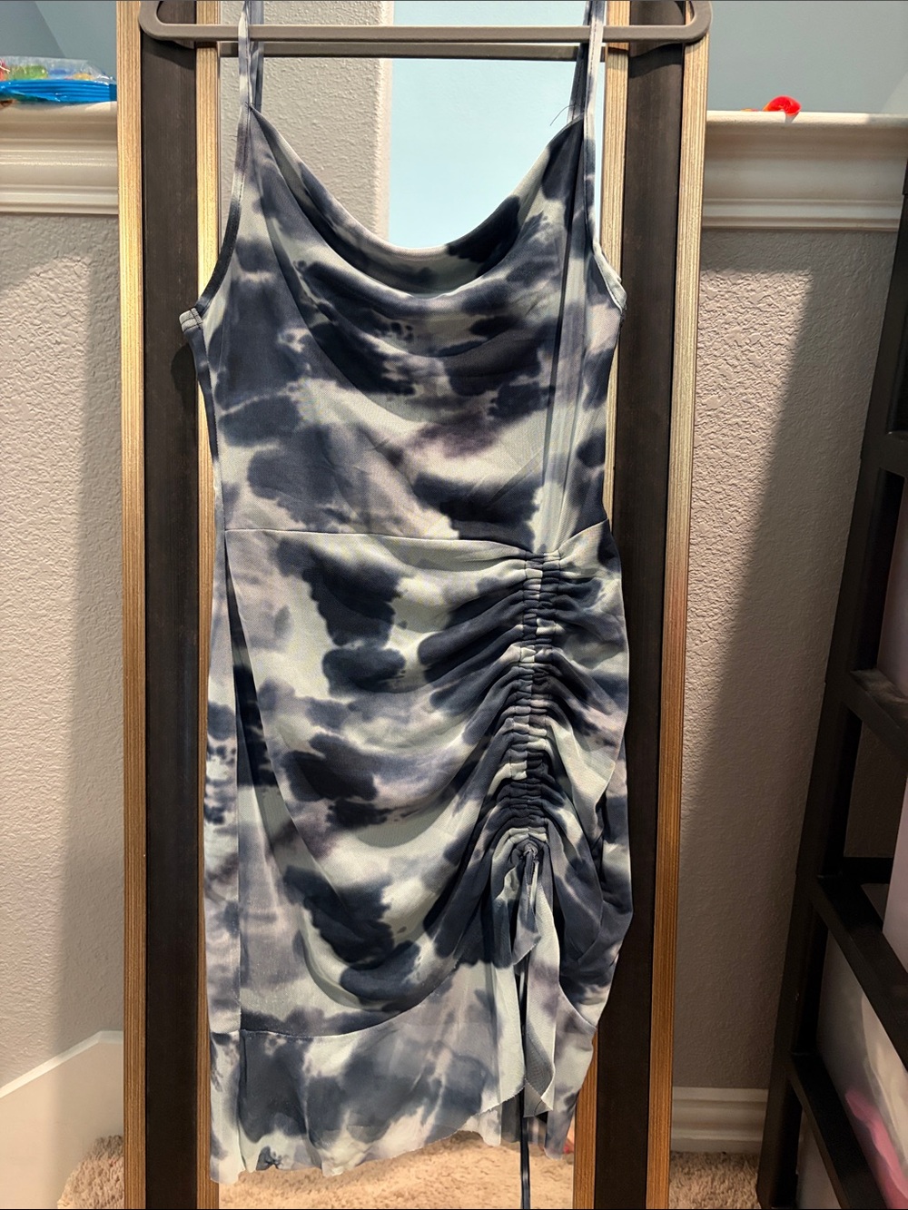 PrettyLittleThing Gray, Blue, and White Tie-Dye Cowl Ruched Mini Dress